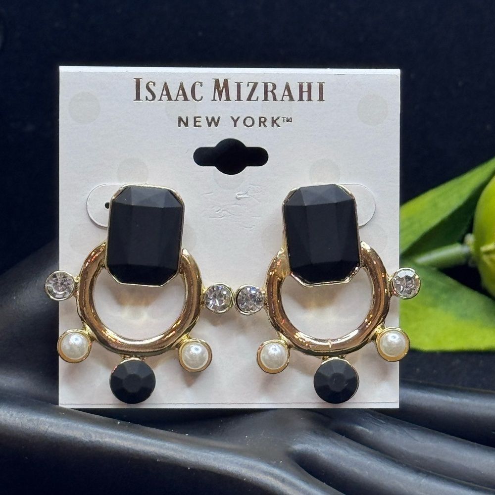 NWT Isaac Mizrahi Gold Tone Black Crystal Halo Drop Statement Earrings 1.75"